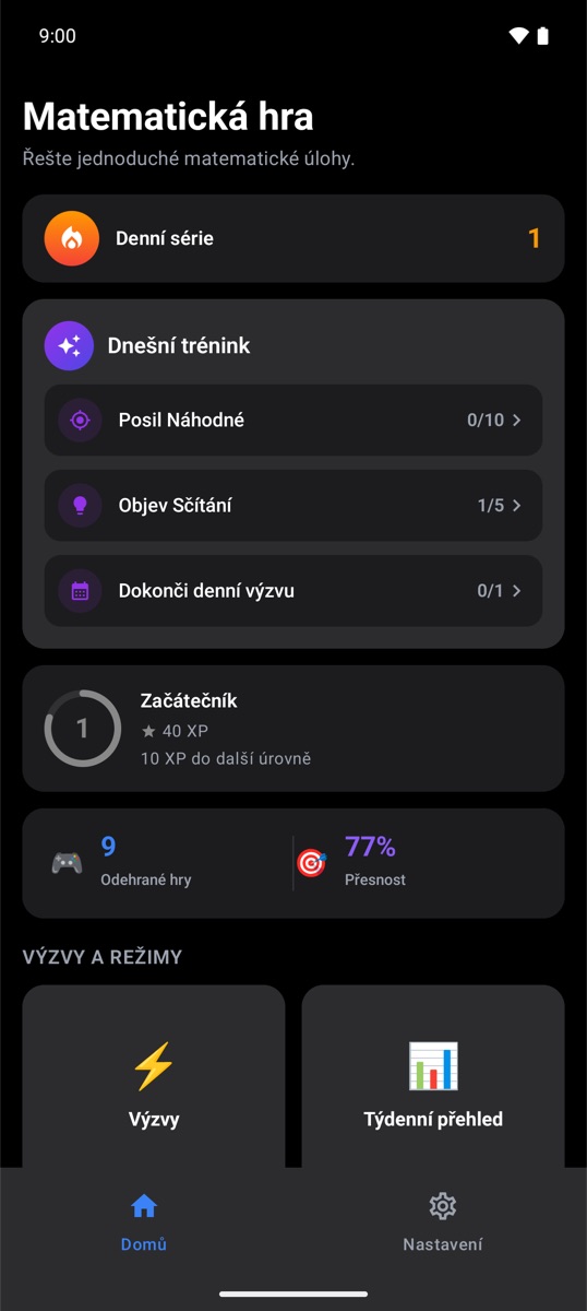 Domovská obrazovka Trivia Math One s denní sérií a dnešním tréninkem