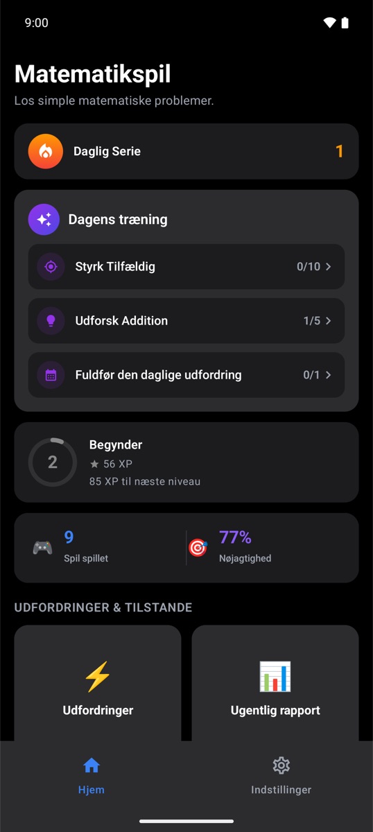 Startskærmen i Trivia Math One med daglig stime og dagens træning
