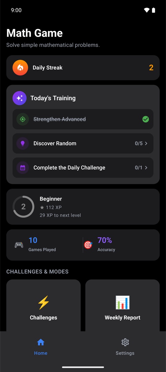 Trivia Math One home screen with daily streak and today's training