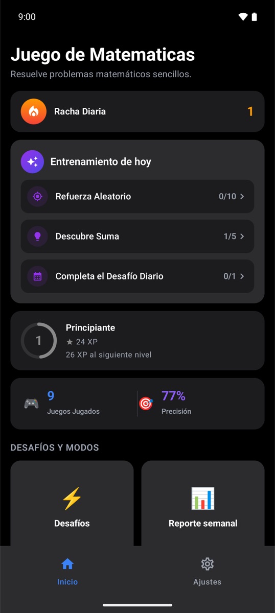 Pantalla de inicio de Trivia Math One con racha diaria y entrenamiento de hoy