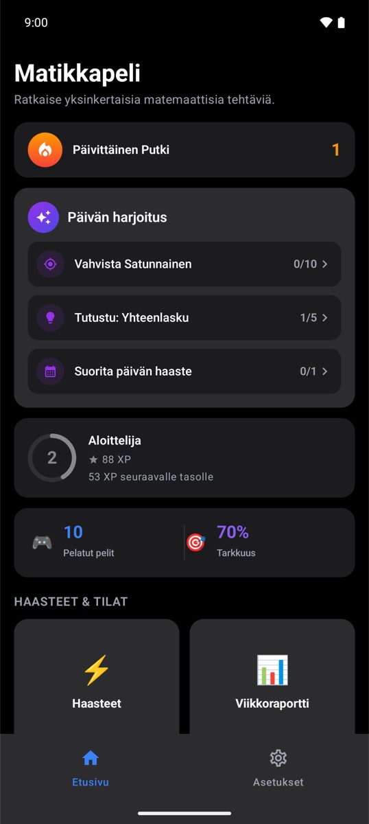 Trivia Math Onen aloitusnäkymä, jossa päivittäinen putki ja päivän treeni