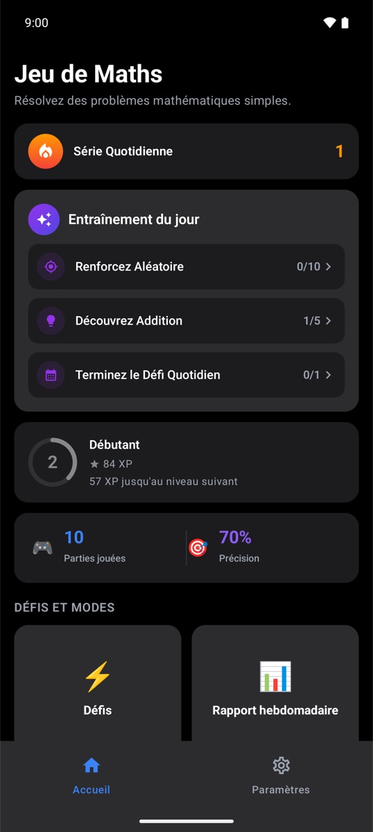 Écran d'accueil de Trivia Math One avec la série quotidienne et l'entraînement du jour