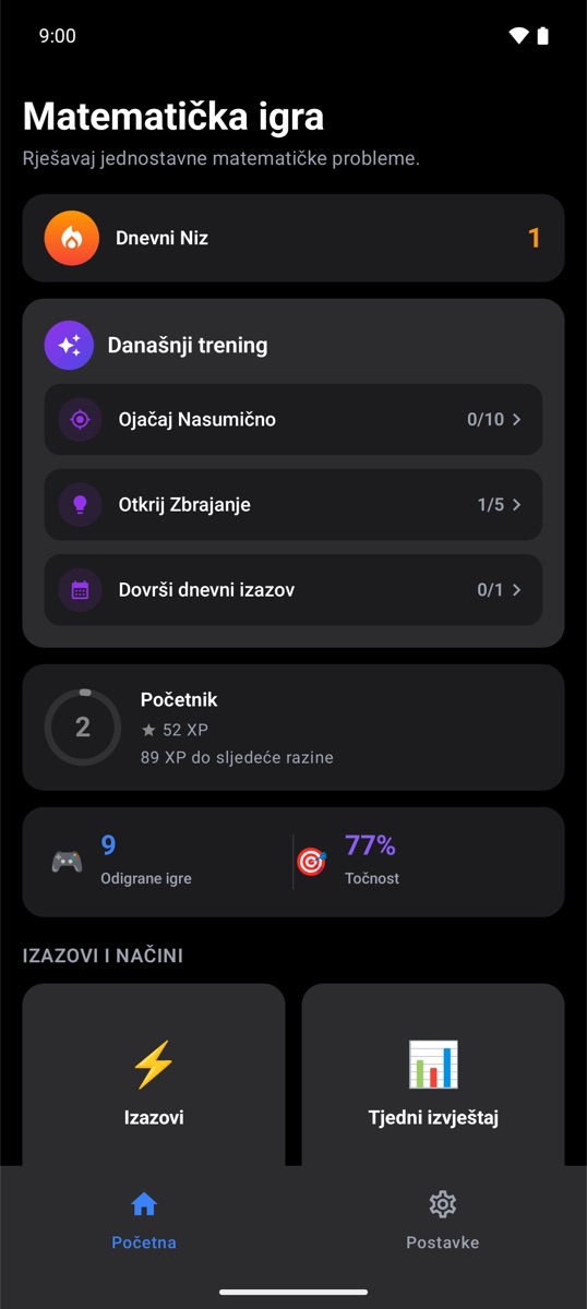 Početni zaslon aplikacije Trivia Math One s dnevnim nizom i današnjim treningom