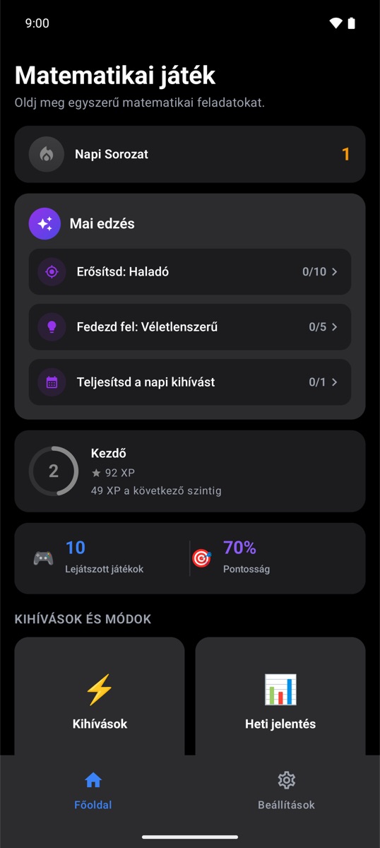 A Trivia Math One kezdőképernyője a napi sorozattal és a mai edzéssel