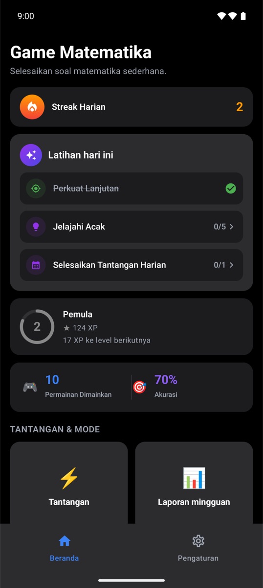 Layar beranda Trivia Math One dengan streak harian dan latihan hari ini