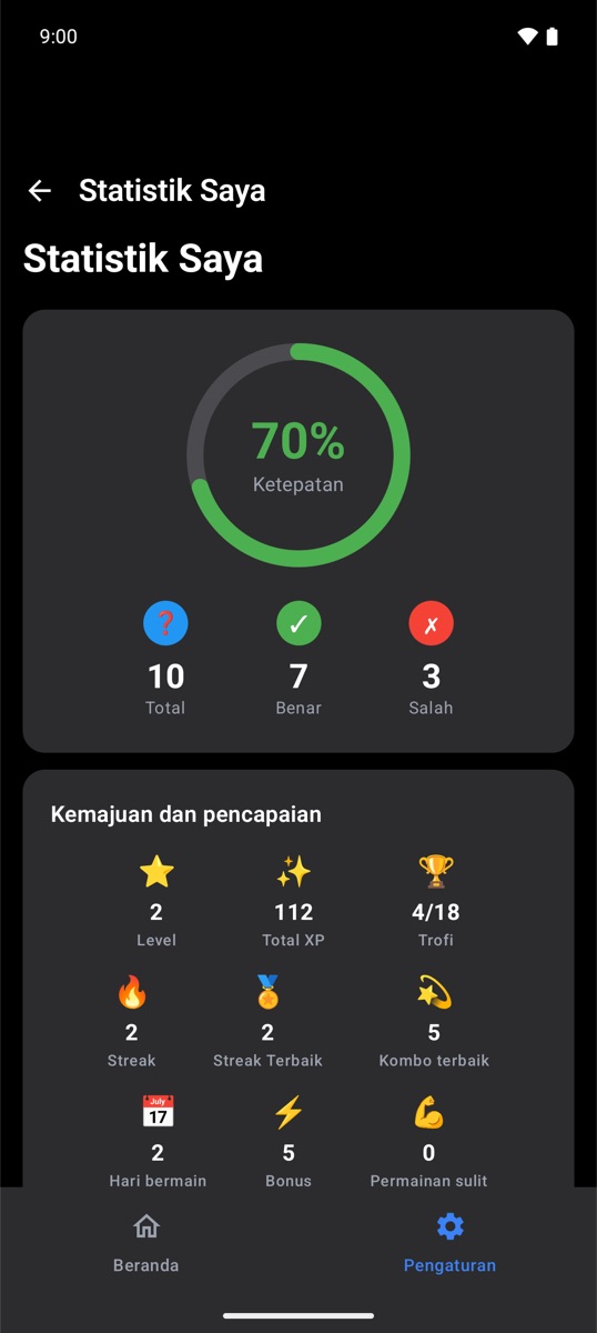 Statistik akurasi dan pencapaian