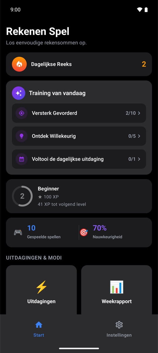 Startscherm van Trivia Math One met dagelijkse reeks en training van vandaag