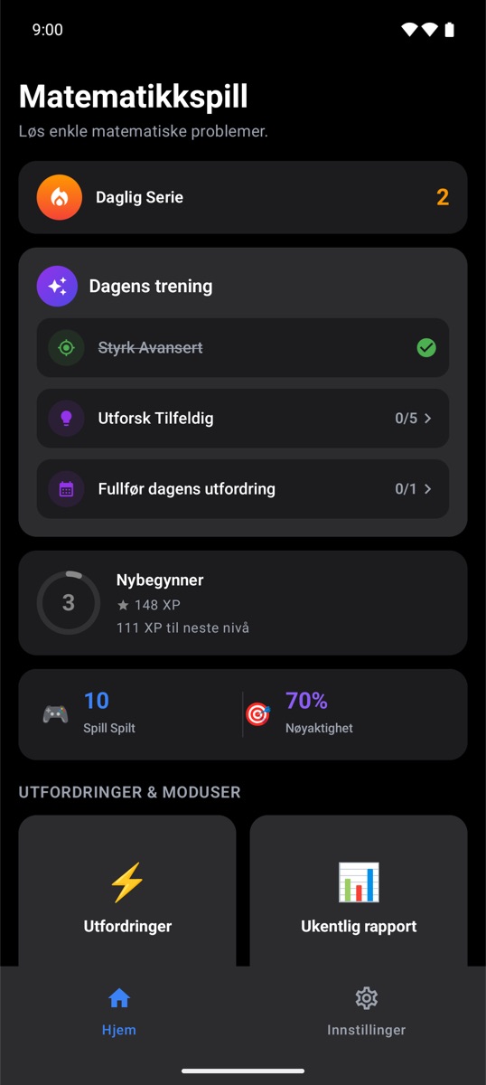 Startskjermen i Trivia Math One med daglig rekke og dagens trening