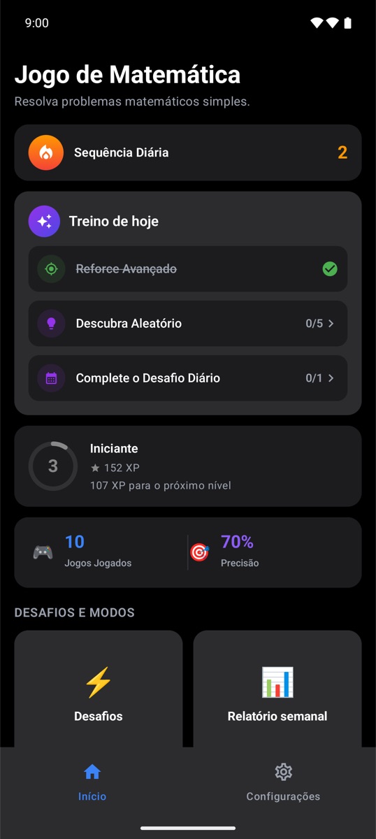 Tela inicial do Trivia Math One com sequência diária e treino do dia