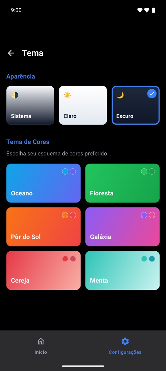 Temas e modo escuro