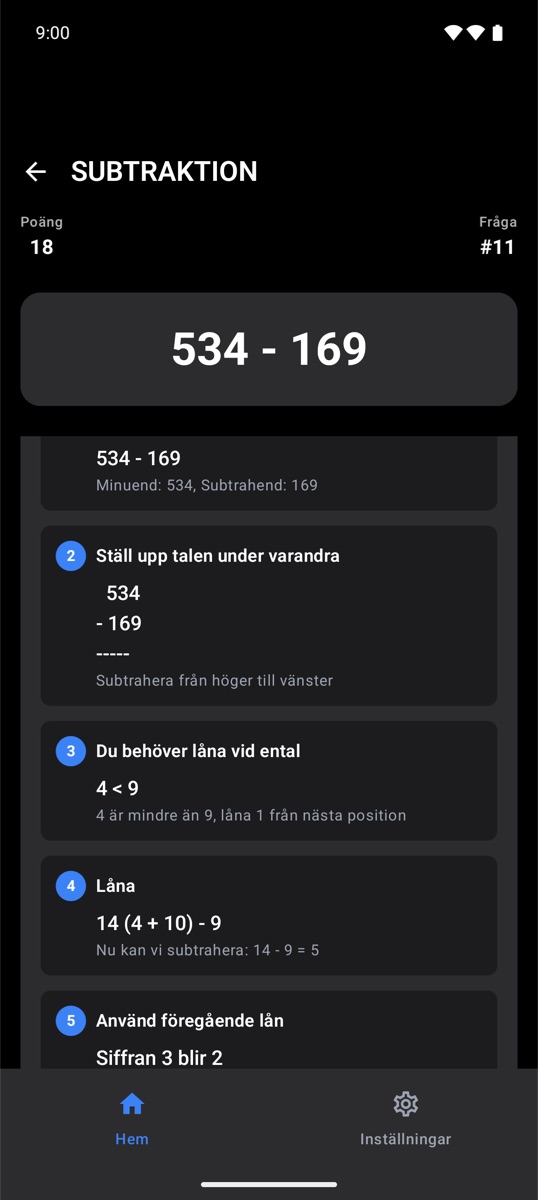 Steg-för-steg-förklaring av en subtraktion