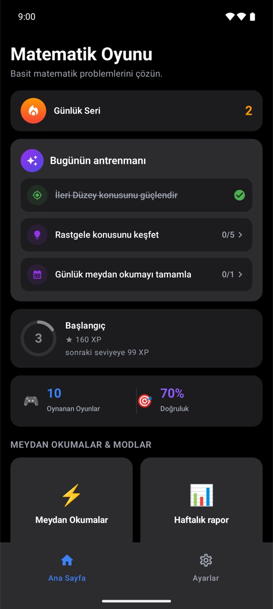 Günlük seri ve bugünün antrenmanını gösteren Trivia Math One ana ekranı